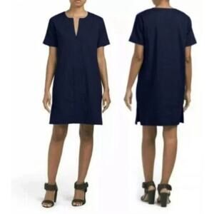 Theory Split Neck Linen Blend Dress Womens M Blue Shift Minimalist Timeless Chic